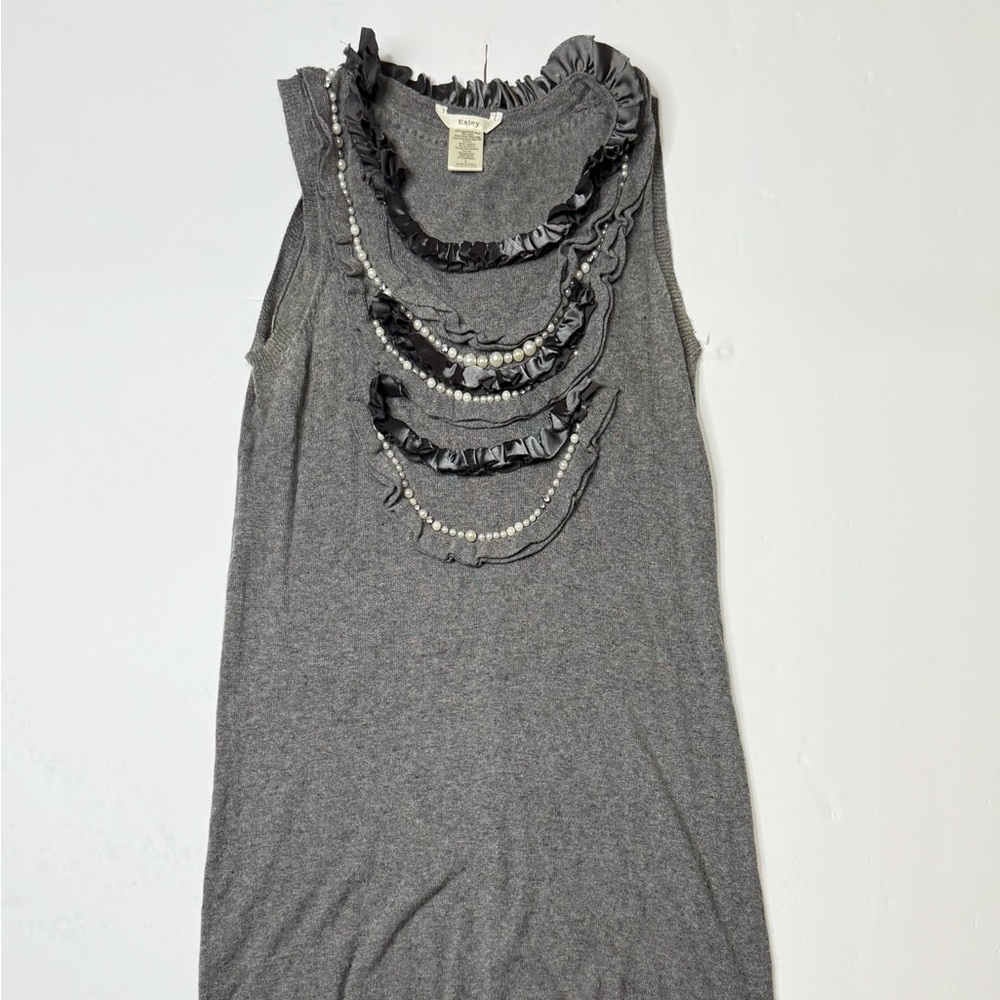Esley Gray Pearl Ruffled Embellished Sweater Dress Size Large